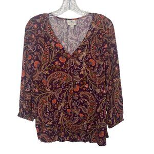 St Johns Bay Paisley Print Shirt Womens PM Petite Medium Red New Long Sleeve